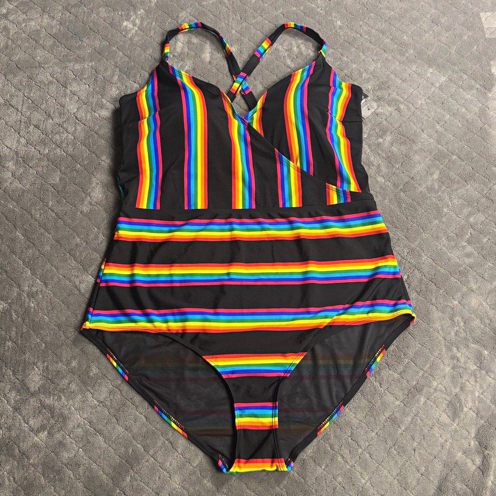 Torrid 2X Rainbow Stripe Surplice One Piece Swimsuit NWT